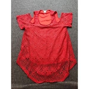 Brittany Black Lined Cold Shoulder Lace Top Women's Size Large Red